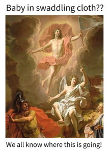 Jesus ascends into heaven. An angel points heavenward. A Roman soldier flees.