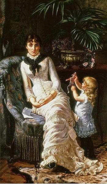 Victorian era lady looks upset on plush chair next to an open letter with a young girl off to one side trying in vain to get her attention.