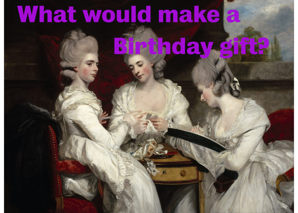 Three 1700s 20-something sisters in gray wigs
