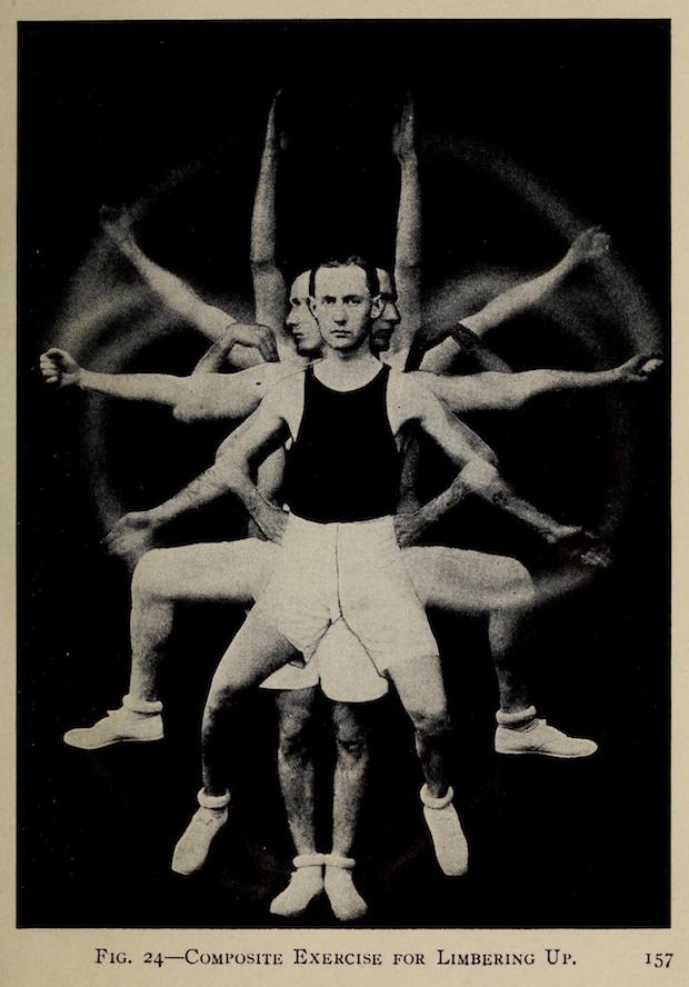 Is he forgetting that the only competence of any real consequence is spiritual competence?? An athletic 1917 business man with black tank top, white knee-length shorts, white tennis shoes, and dark hair neatly parted and just beginning to receded. A composite pose of him exercising. In this case moving in all directions like a Hindu God. Face very serious and straight-ahead. This businessman means business!