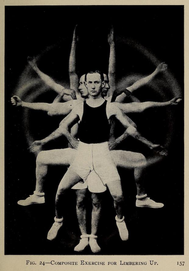 An athletic 1917 business man with black tank top, white knee-length shorts, white tennis shoes, and dark hair neatly parted and just beginning to receded. A composite pose of him exercising. In this case moving in all directions like a Hindu God. Face very serious and straight-ahead. This businessman means business!