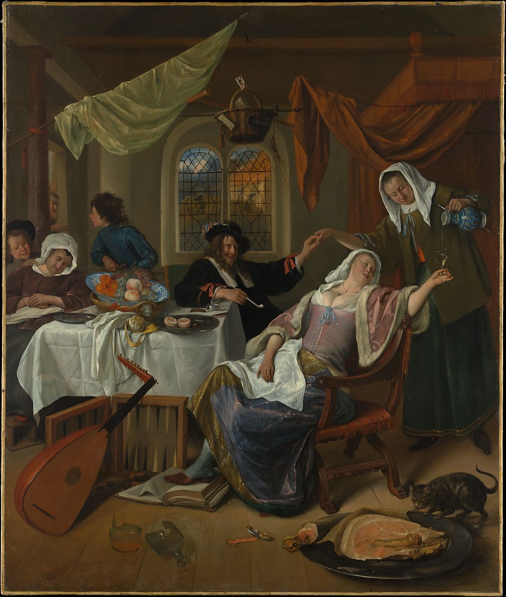 A painting of a dissolute 1600s Dutch household. Drinking, smoking, raucous evil-eyed laughter.