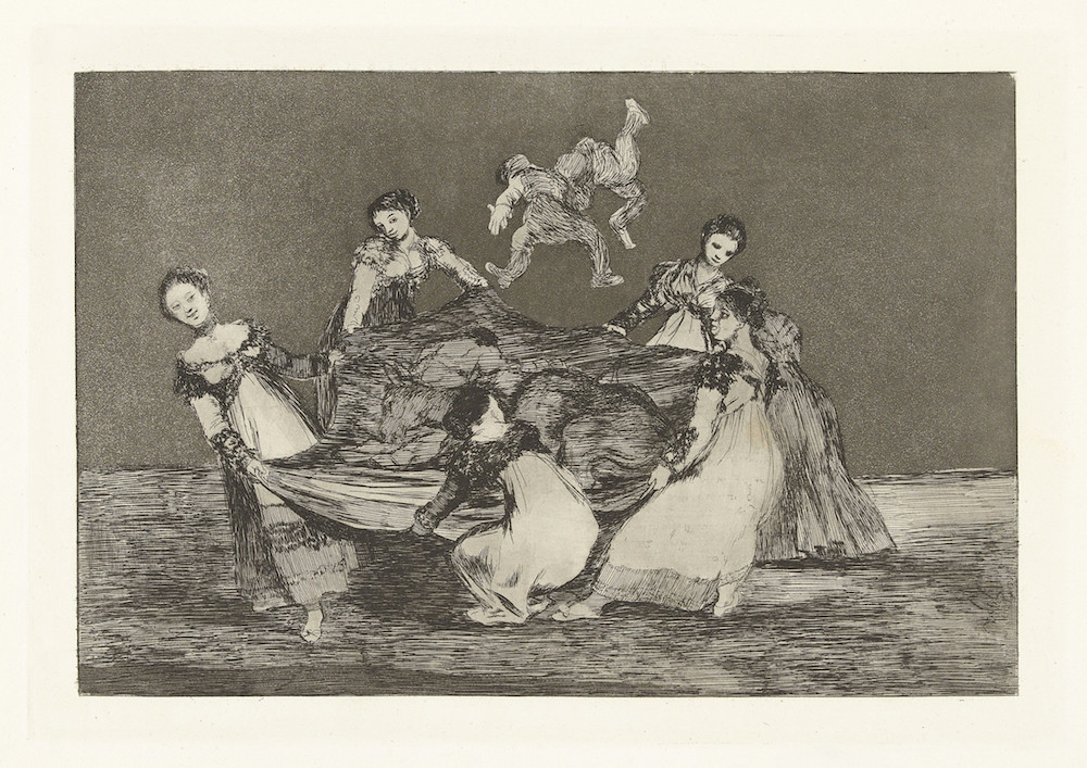 A sketch of women tossing people up in the air with a big tarp.