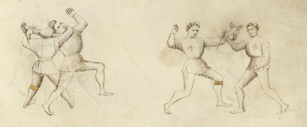 On this old yellow parchment sketched men with round limbs demonstrate swordplay.