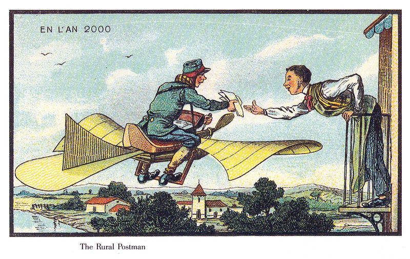 Cartoon of a man leaning over his small balcony high over the town, reaching out for a rolled parchment hand-delivered by a postman flying on a bike outfitted with butterfly-like wings of a soft but durable yellow fabric.