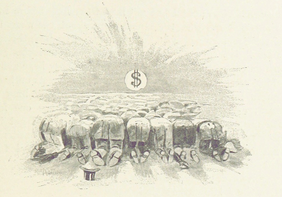 On this old yellow drawing a sketched hoarde of people in suits bows arms-forward in great supplication in front of a floating sun-twinkling dollar sign.