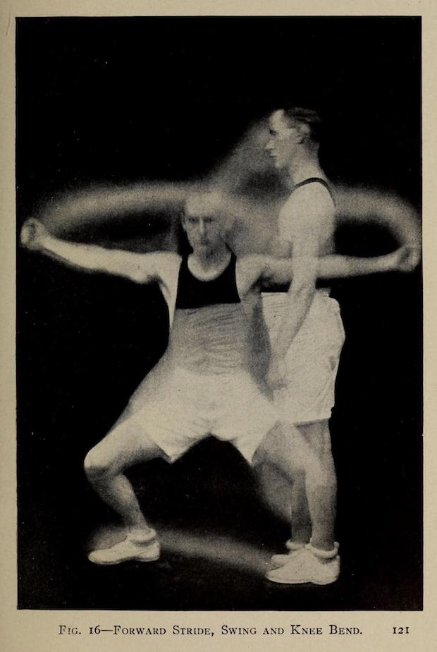 An athletic 1917 business man with black tank top, white knee-length shorts, white tennis shoes, and dark hair neatly parted and just beginning to receded. A composite pose of him exercising. In this case lunging side to side. Face very serious and straight-ahead. This businessman means business!