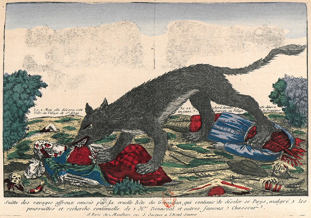 A sepia-touched picture of a shaggy dark-gray wolf devouring a woman in a green dress. Her arm is already reduced to bone. Its hind pays are on the red squished rib cage of a headless and limbless fellow in a long blue coat-frock; the guys limbs, head and black wide-brim hat lay nearby. Ground is yellow with splashes of green bush and grass. Writing underneath is french, talking about how the cruel beast of Genudan continues to carry out horrifying attacks even as the effort of M. Denneval and other famous hunters continue.